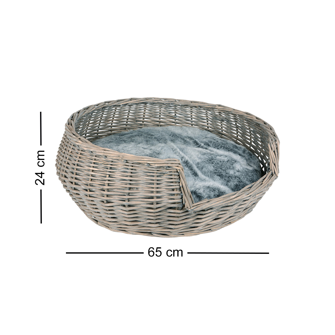 Haustierkorb rund grau/weiß washed mit Kissen groß Ø65