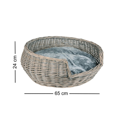 Haustierkorb rund grau/weiß washed mit Kissen groß Ø65