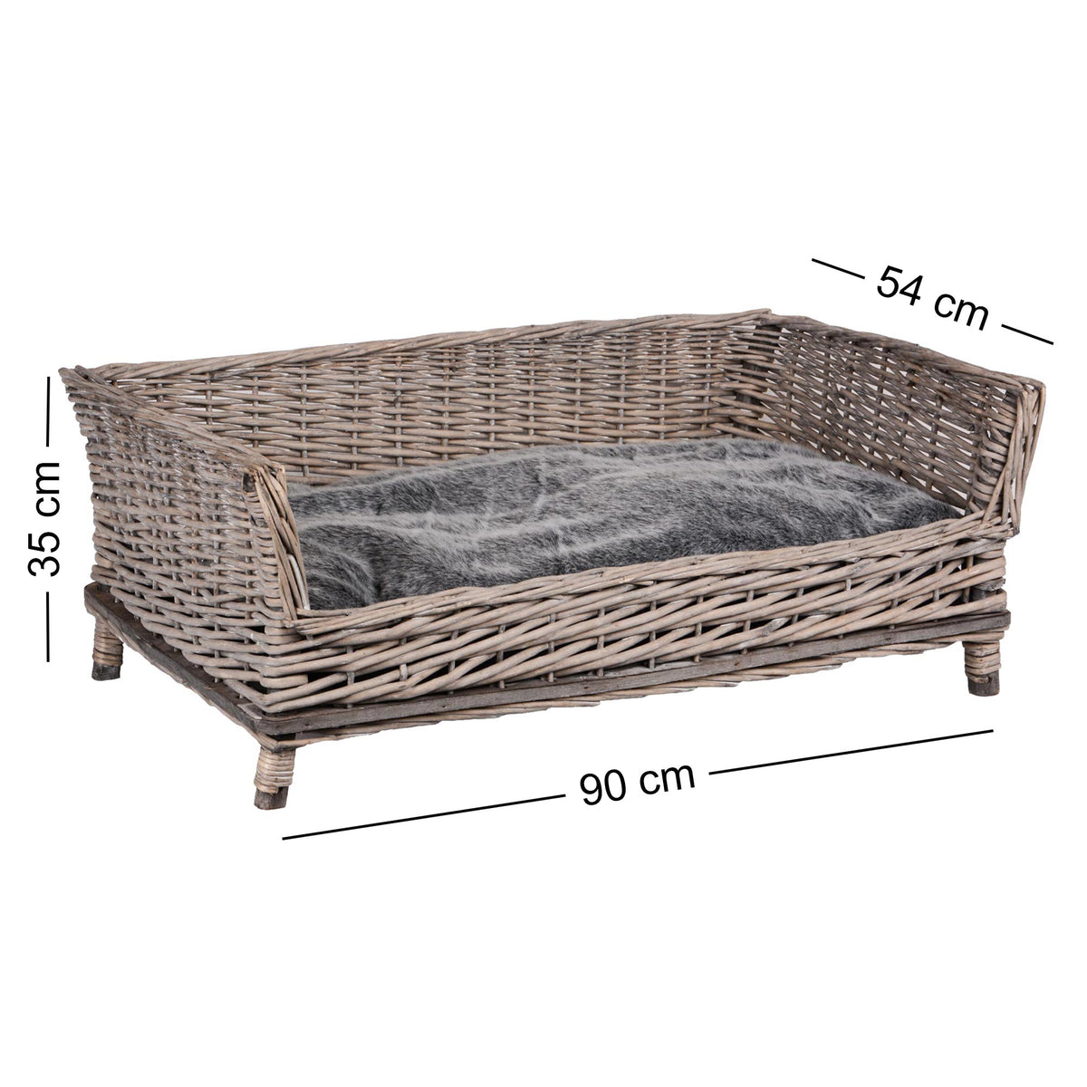 Haustierkorb grau/weiß washed eckig mit grauem Kissen klein/groß