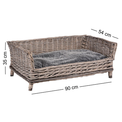 Haustierkorb grau/weiß washed eckig mit grauem Kissen klein/groß