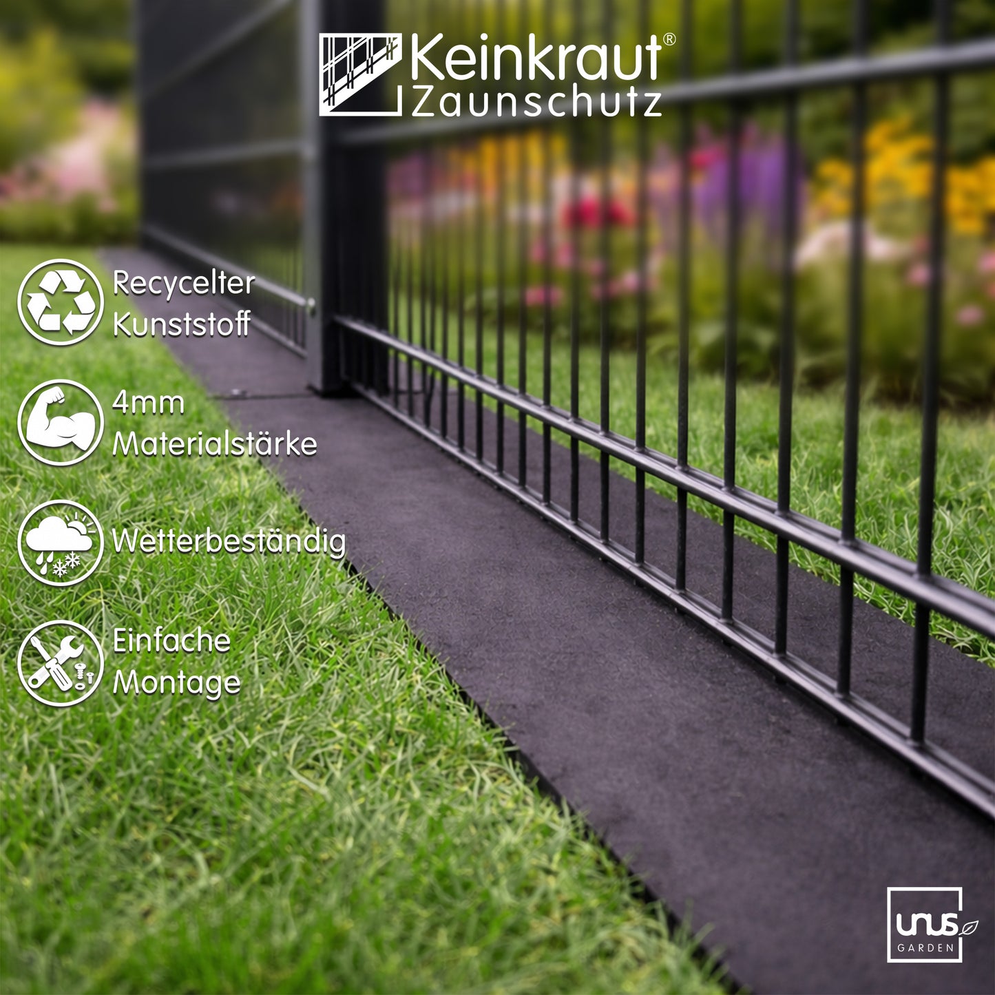 Keinkraut® Zaunschutz Unkrautschutz aus recyceltem Kunststoff schwarz 15x89 cm