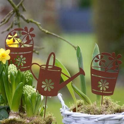 Gartenstecker Rost Gießkanne und Blumentöpfe 3er Set