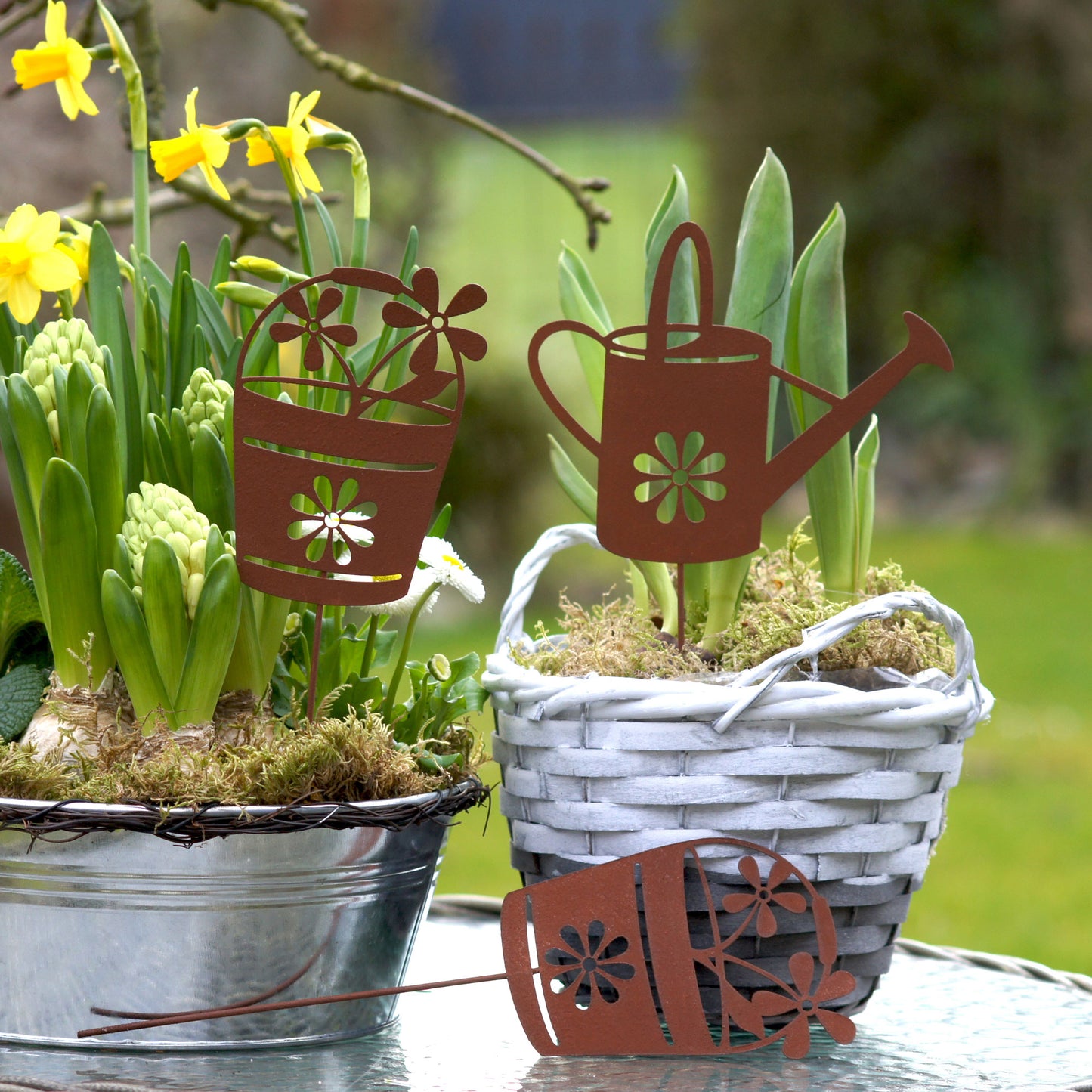 Gartenstecker Rost Gießkanne und Blumentöpfe 3er Set