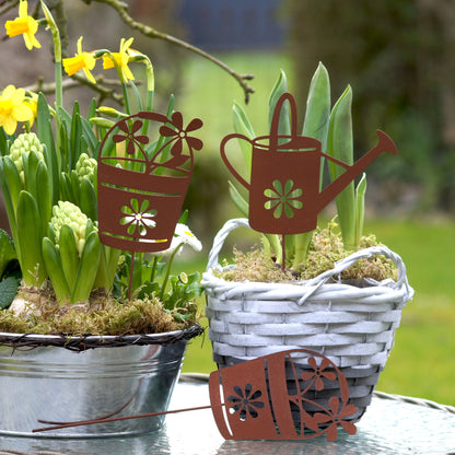 Gartenstecker Rost Gießkanne und Blumentöpfe 3er Set