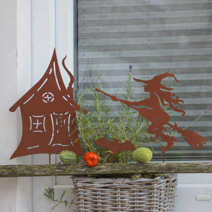 Gartenstecker Haus, Hexe und Fledermaus als 3er Set in Rostoptik