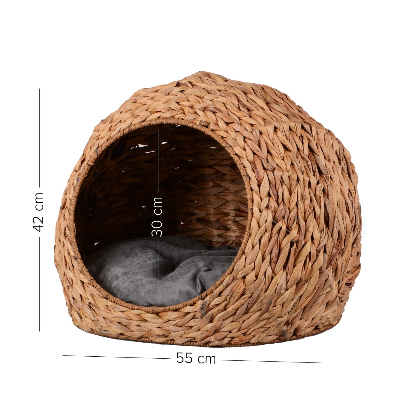 Haustierkorb rund/kugelform mit Öffnung natur mit Kissen grau