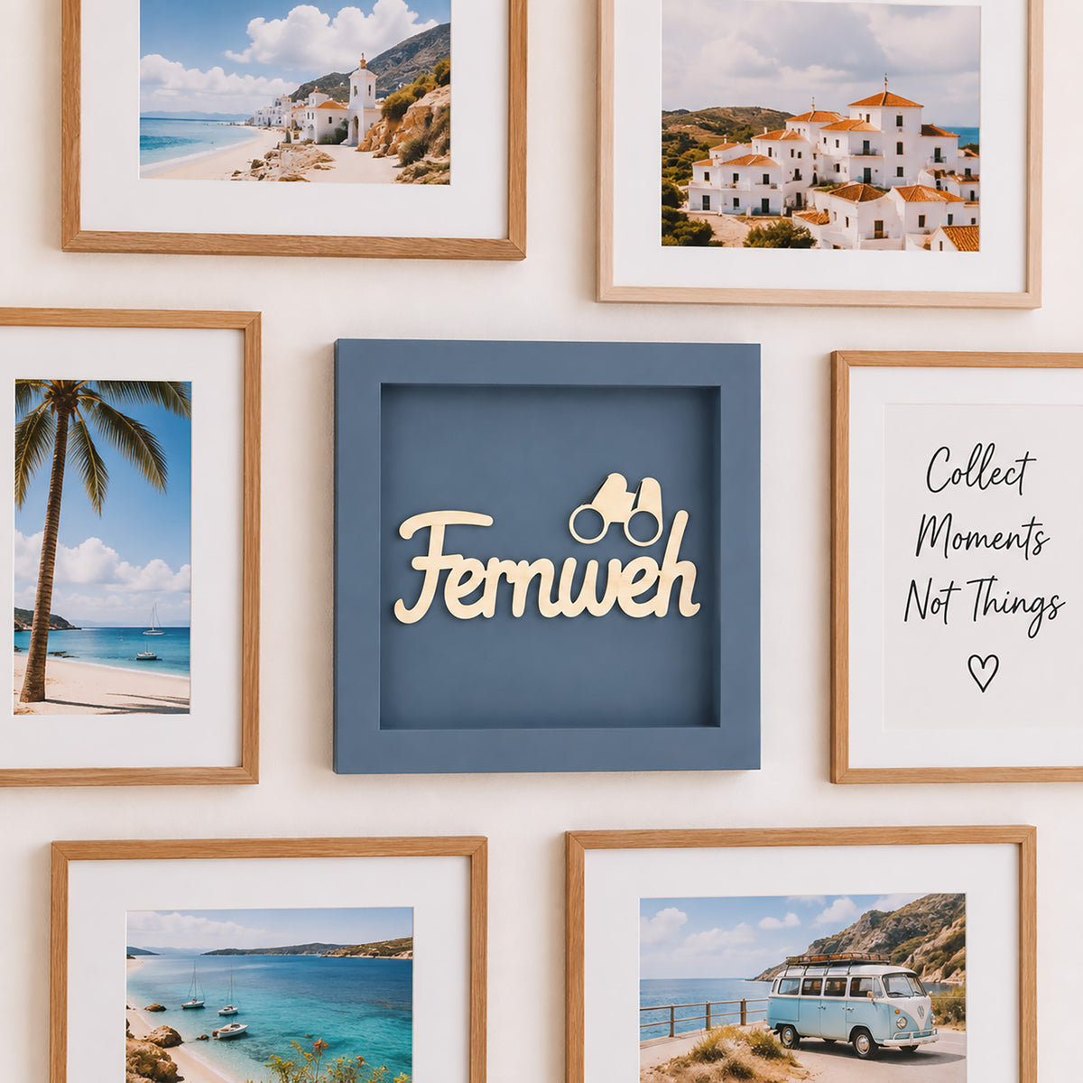 Wandbild aus Holz mit 3D Spruch „Fernweh“ 25x25cm