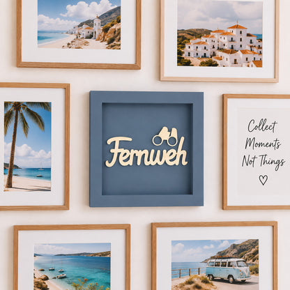 Wandbild aus Holz mit 3D Spruch „Fernweh“ 25x25cm