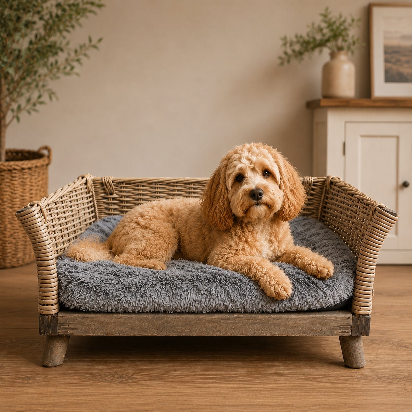 Hundebett aus Weide mit Kissen