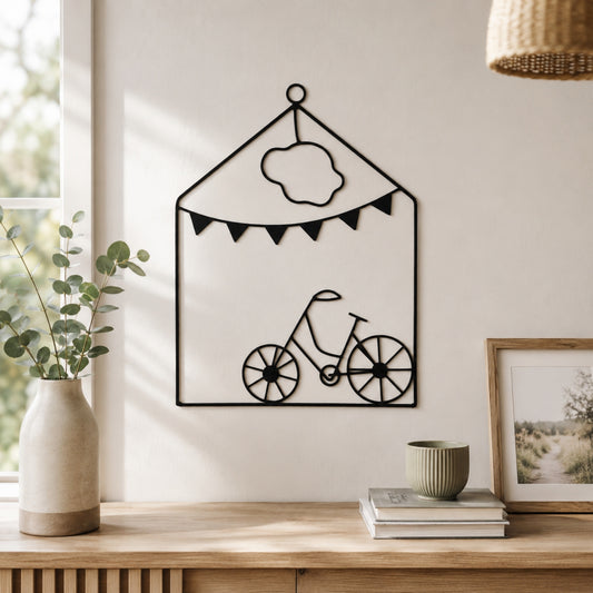 Metallkunst Fahrrad mit Girlande und Wolke schwarz