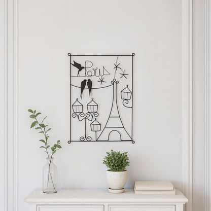 Metallkunst Eifelturm mit Paris Schriftzug und Vögeln in schwarz