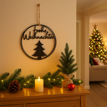 Aufhänger Metall rund frohe Weihnachten mit Tannenbaum schwarz