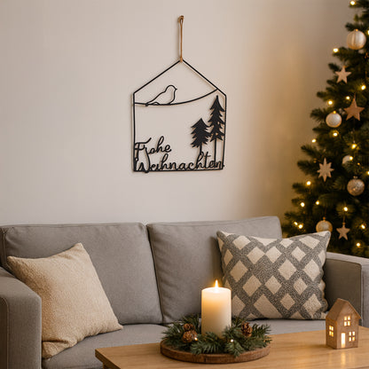 Aufhänger Metall Hausform Frohe Weihnachten und Landschaft schwarz
