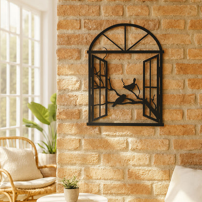 Wandbild Metall Fenster geöffnet mit Landschaft selbstklebend schwarz