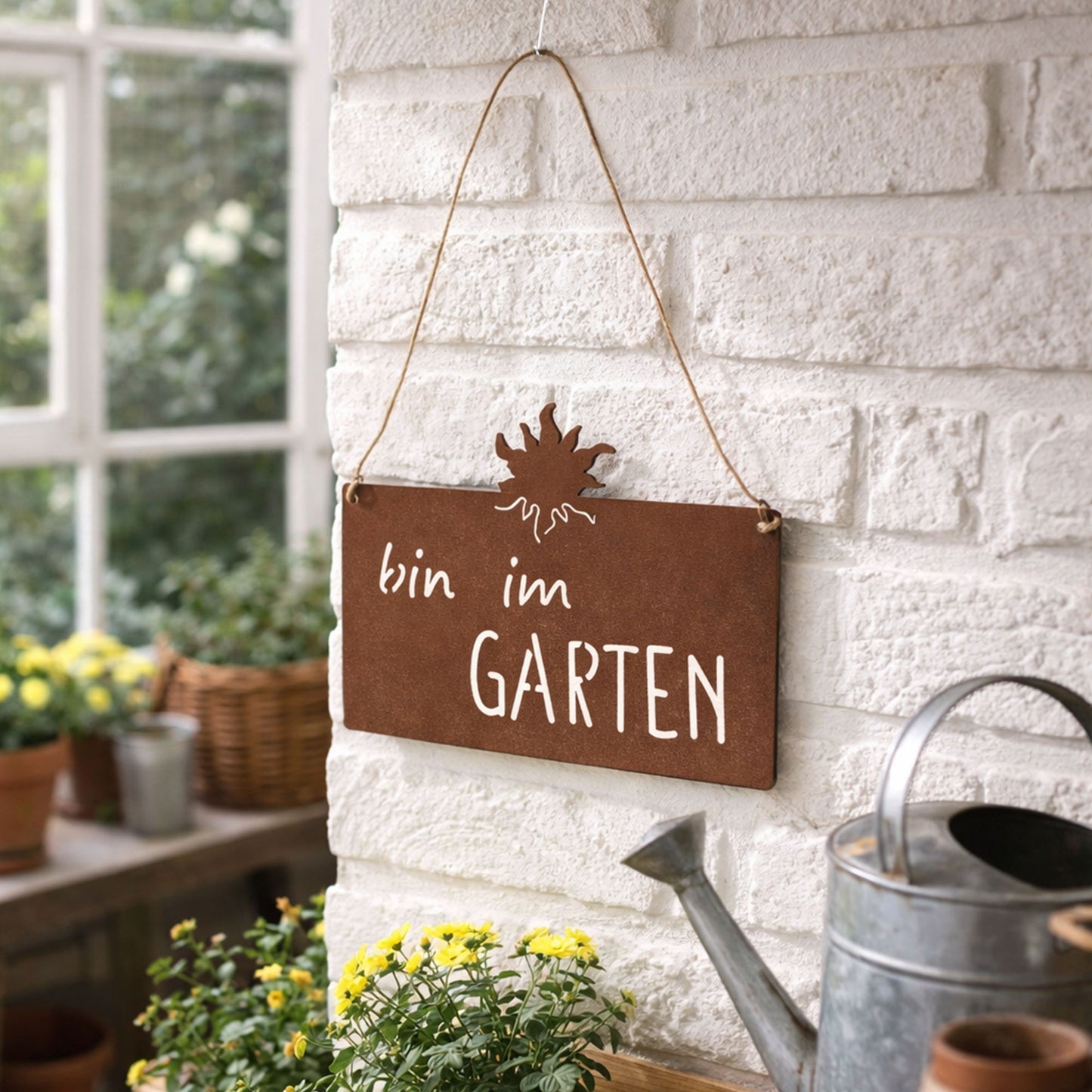 Aufhänger Gartenschild "bin im Garten" Rost