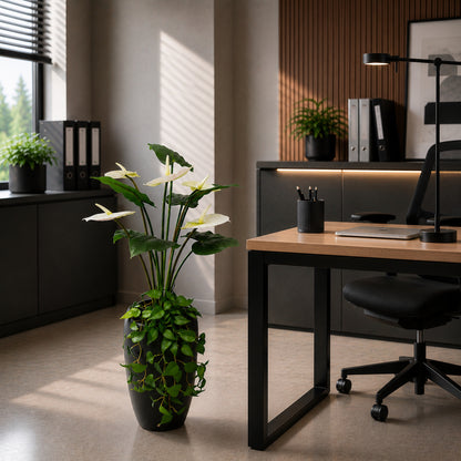 Kunstblume mit Vase Anthurium weiß mit Efeu hängend 77 cm