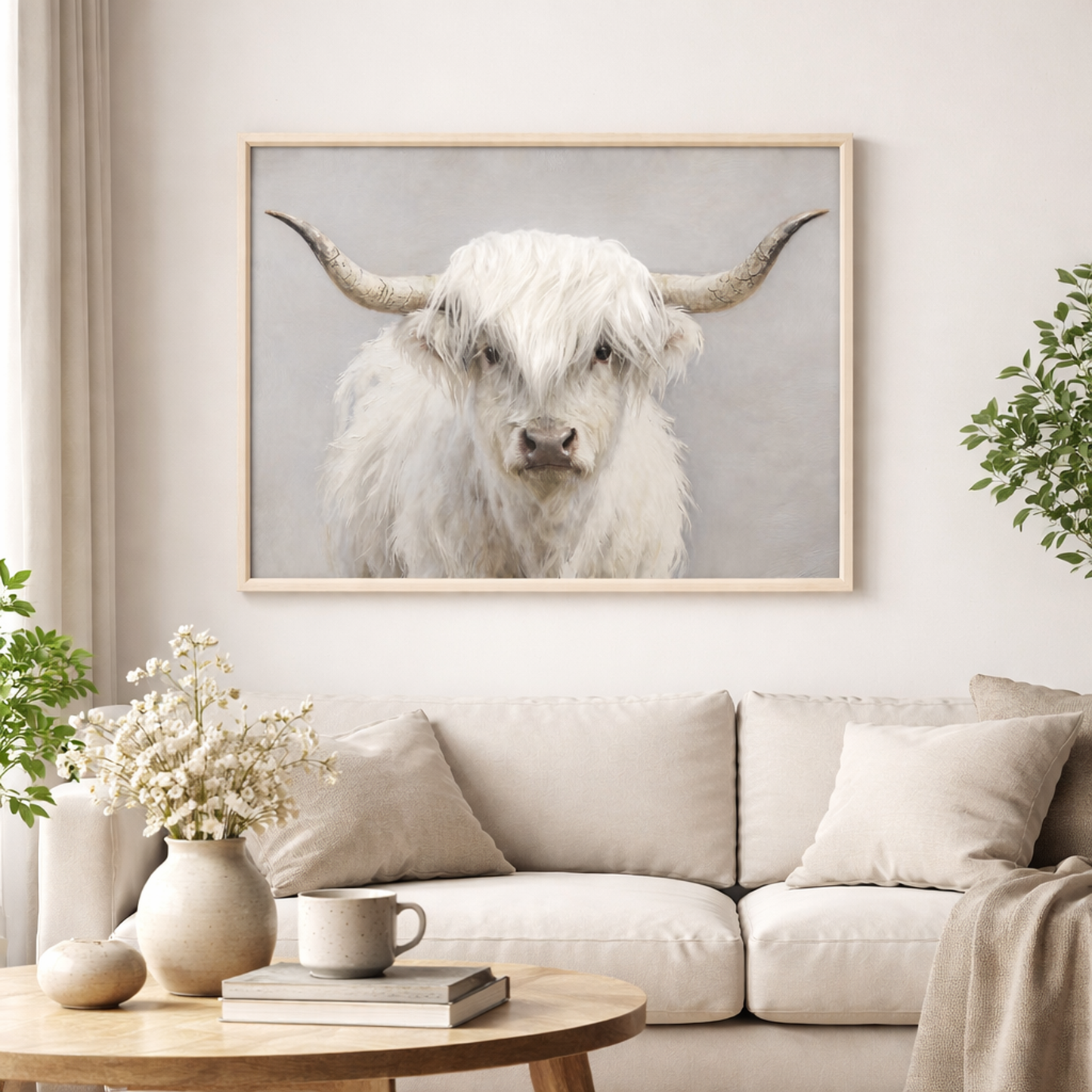 Wall Art 3D Hairfusion Kuh weiß mit Hörnern 60x80