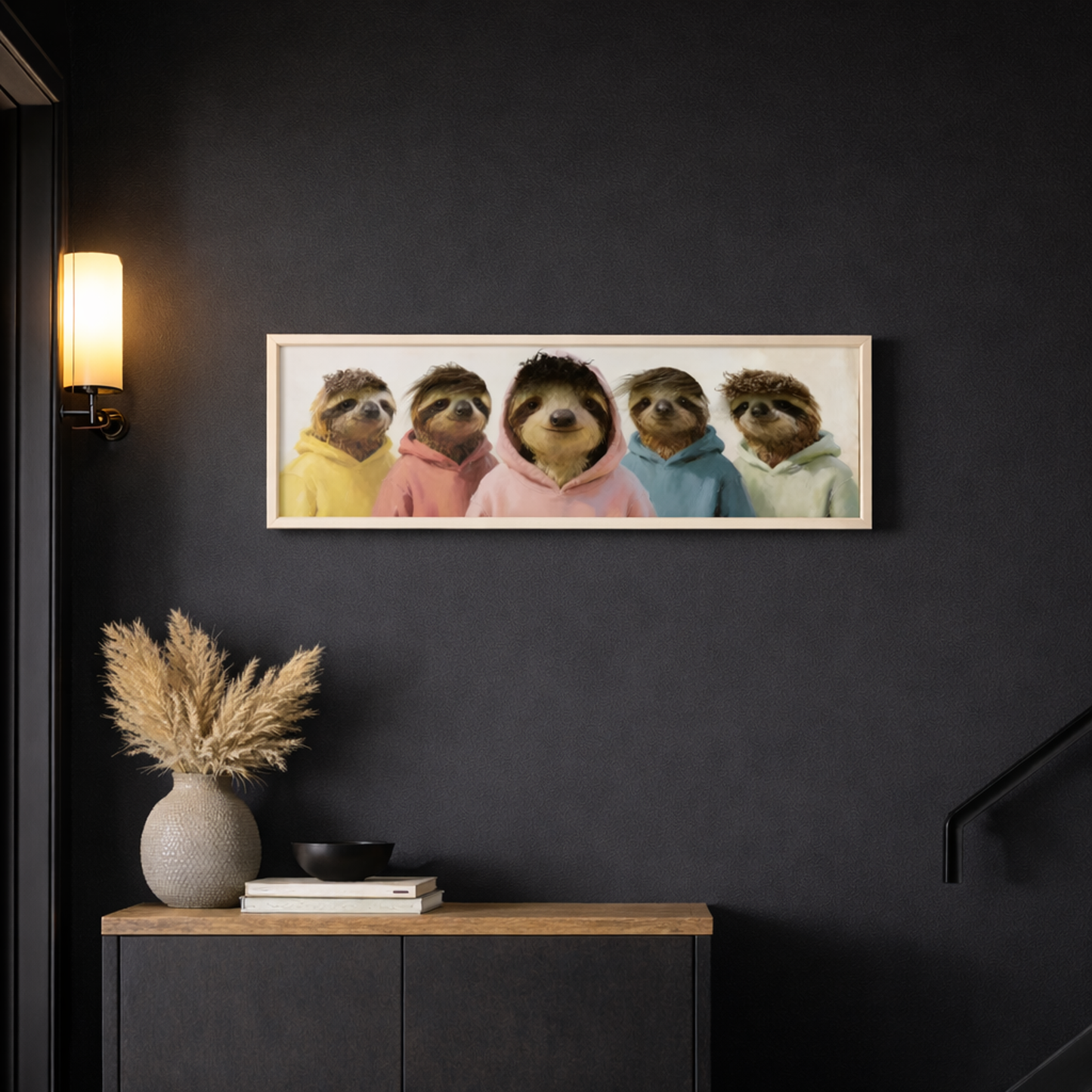 Wall Art 3D Hairfusion Faultiere mit bunten Hoodies 120x40