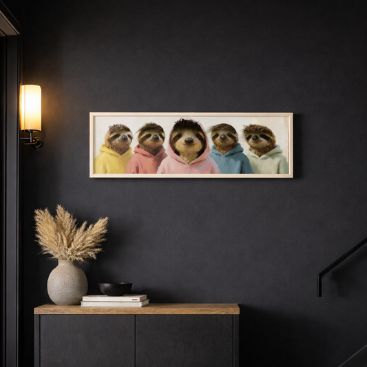 Wall Art 3D Hairfusion Faultiere mit bunten Hoodies 120x40