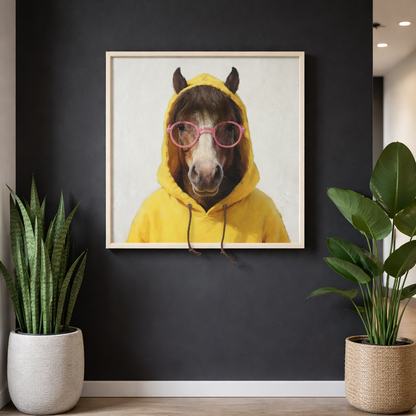 Wall Art 3D Hairfusion Pferd mit gelben Hoodie und Brille in pink 60x60