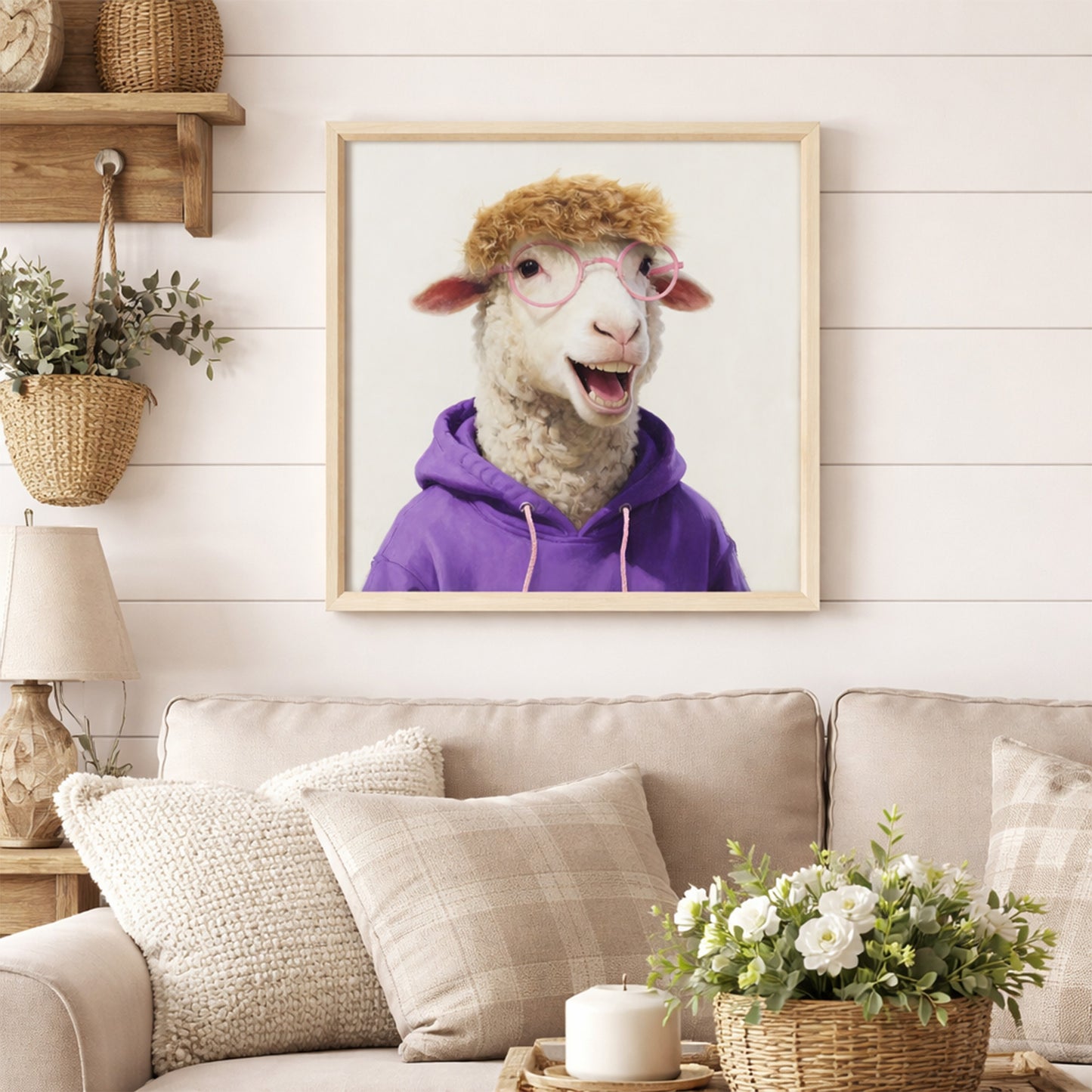 Wall Art 3D Hairfusion Schaf mit lila Hoodie und Brille in pink 60x60