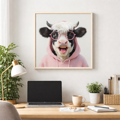 Wall Art 3D Hairfusion Kuh mit Hoodie und Brille in pink 60x60