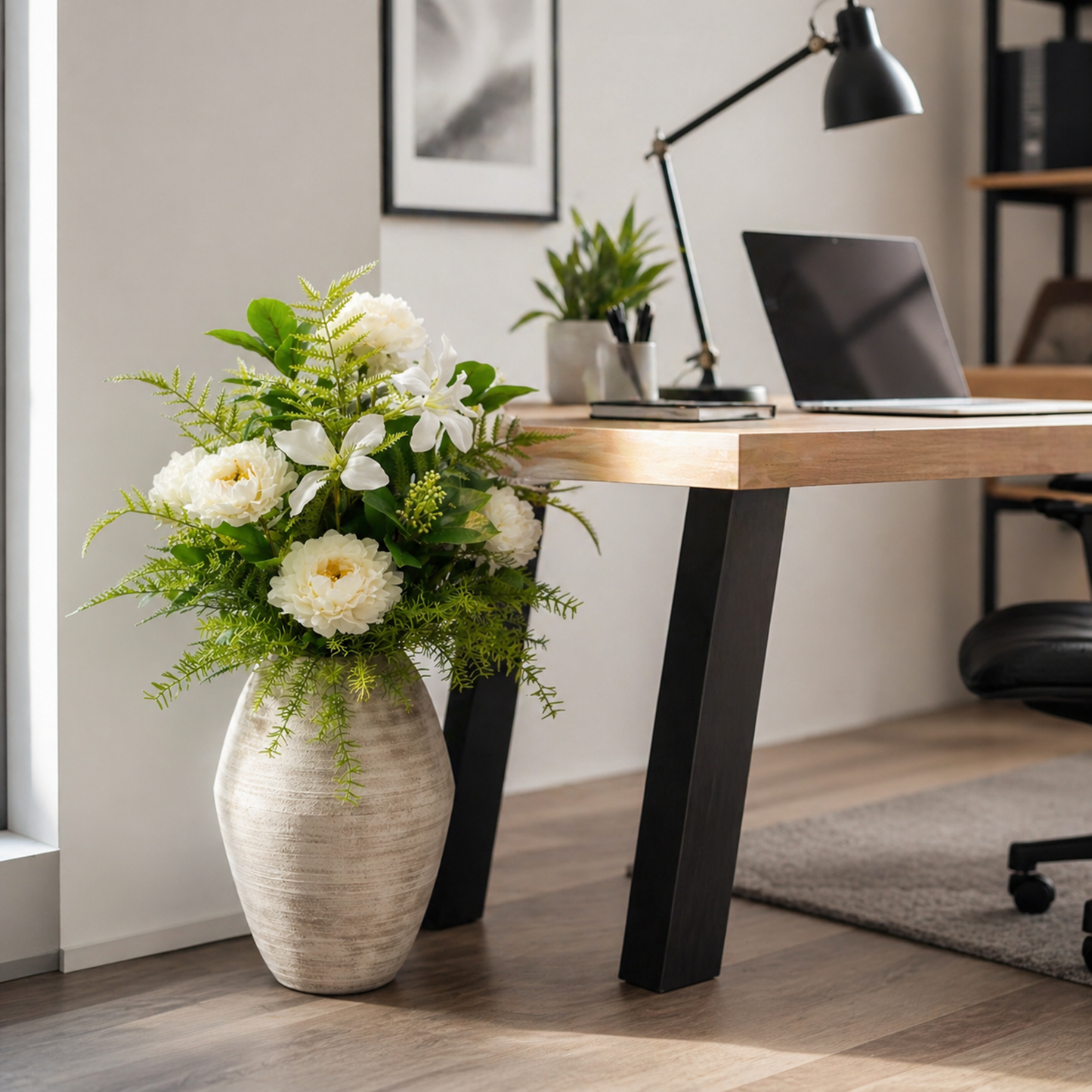 Kunstblume Kunstfplanze Pfingstrosen Lilien Farn mit Vase 84 cm