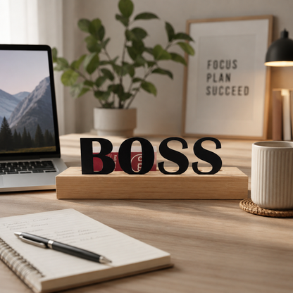 Organizer aus Holz mit Kartenhalter und 3x Stiftlöchern mit Text "Boss"