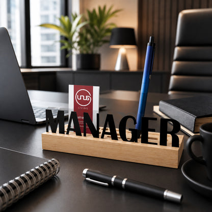 Organizer Schreibtisch aus Holz mit Kartenhalter und 3x Stiftlöchern mit Text "Manager"