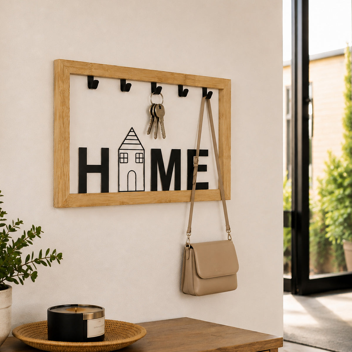 Schlüsselbrett Kira aus Bambus mit Text "Home" 5 Haken