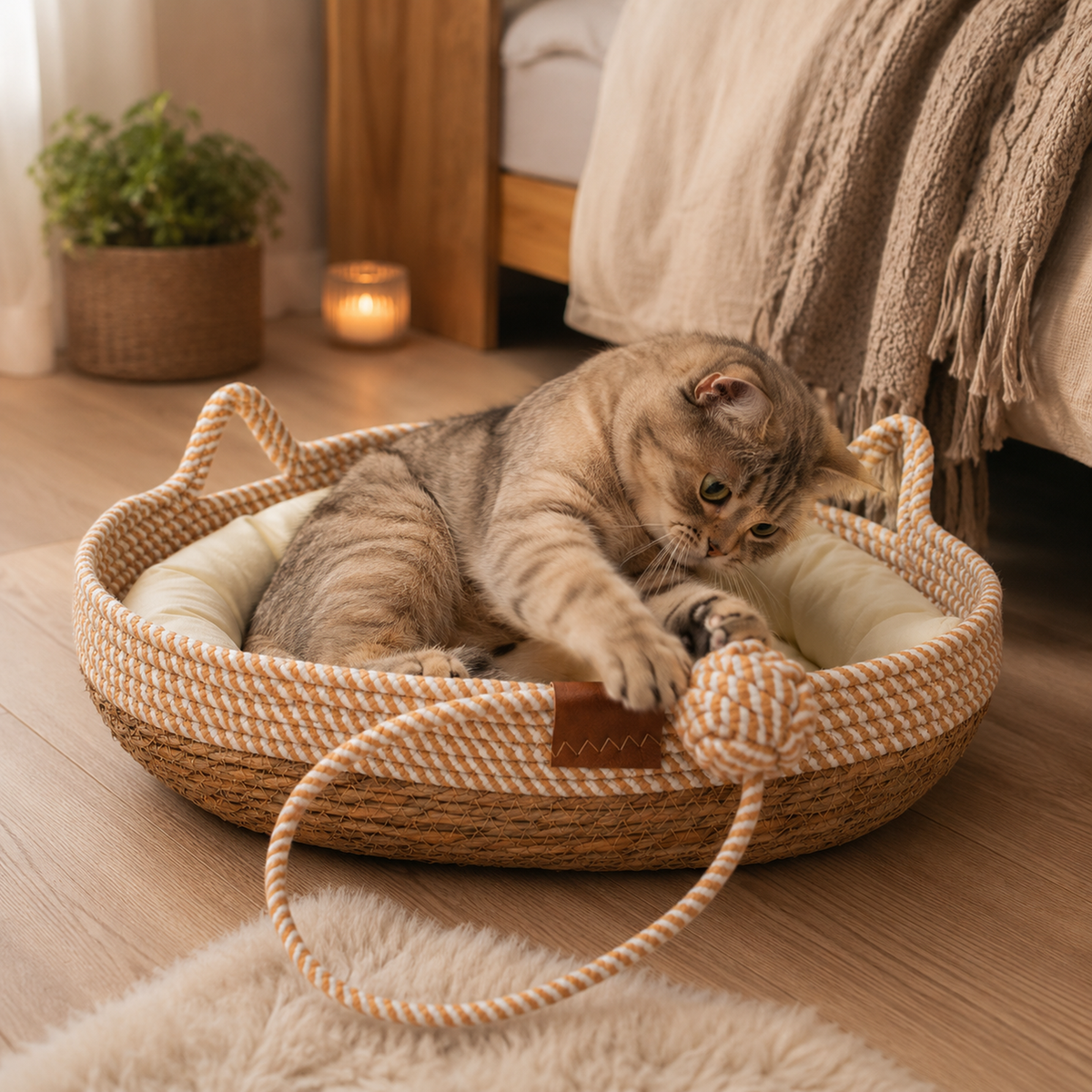Katzenkorb Katzenbett Milo Naturfaser Baumwollseil mit Kissen