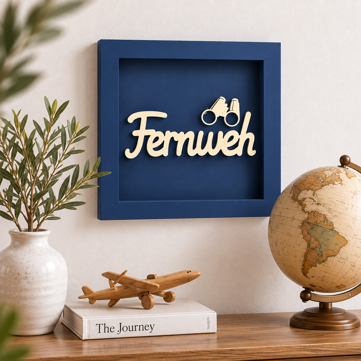 Wandbild aus Holz mit 3D Spruch „Fernweh“ 25x25cm