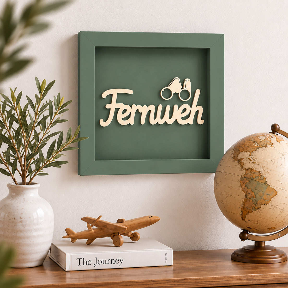 Wandbild aus Holz mit 3D Spruch „Fernweh“ 25x25cm