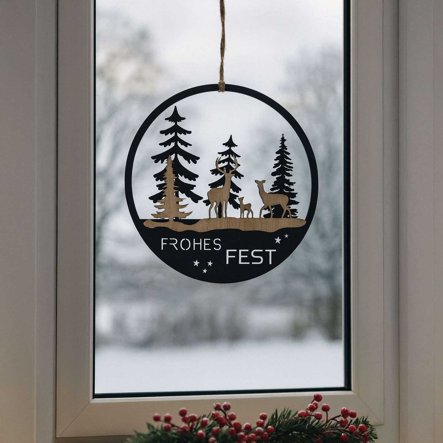 Aufhänger "Frohes Fest" mit Bäumen und Hirsch in schwarz