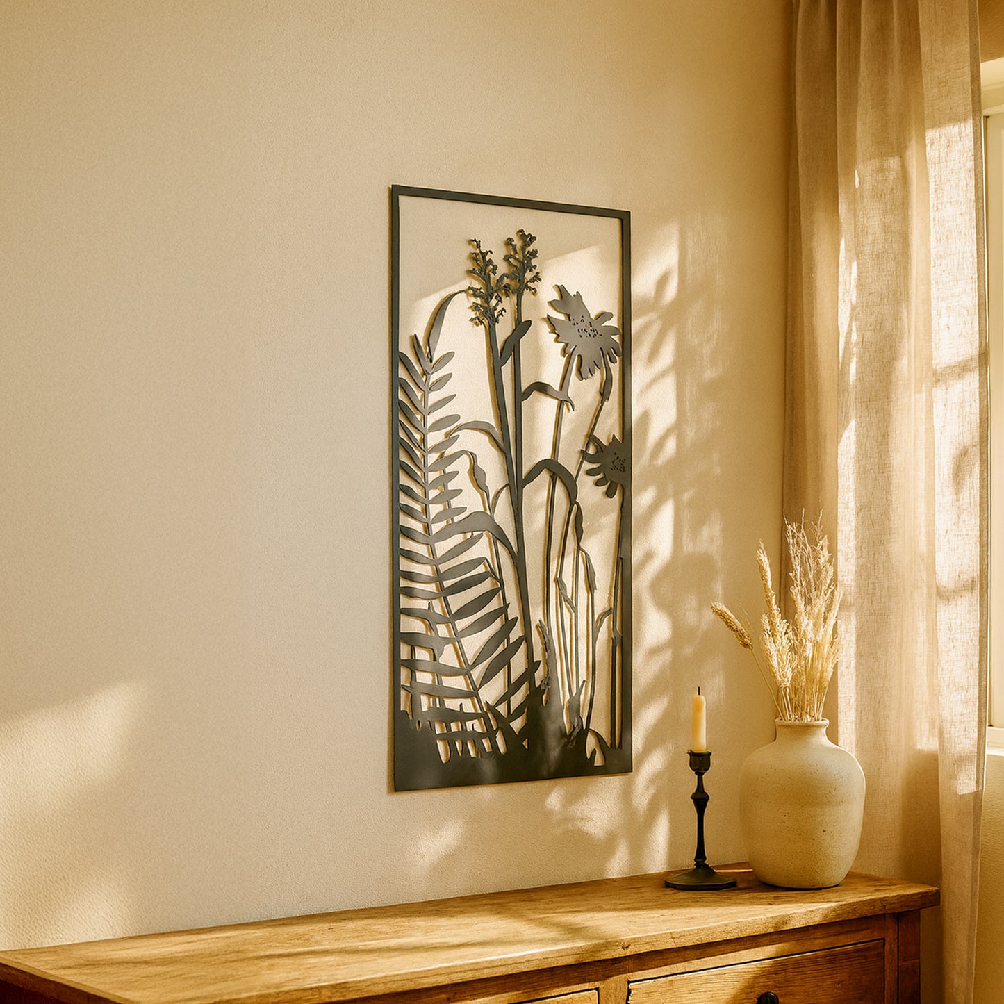 Metallbild Farn und Blumen mit Haken in schwarz