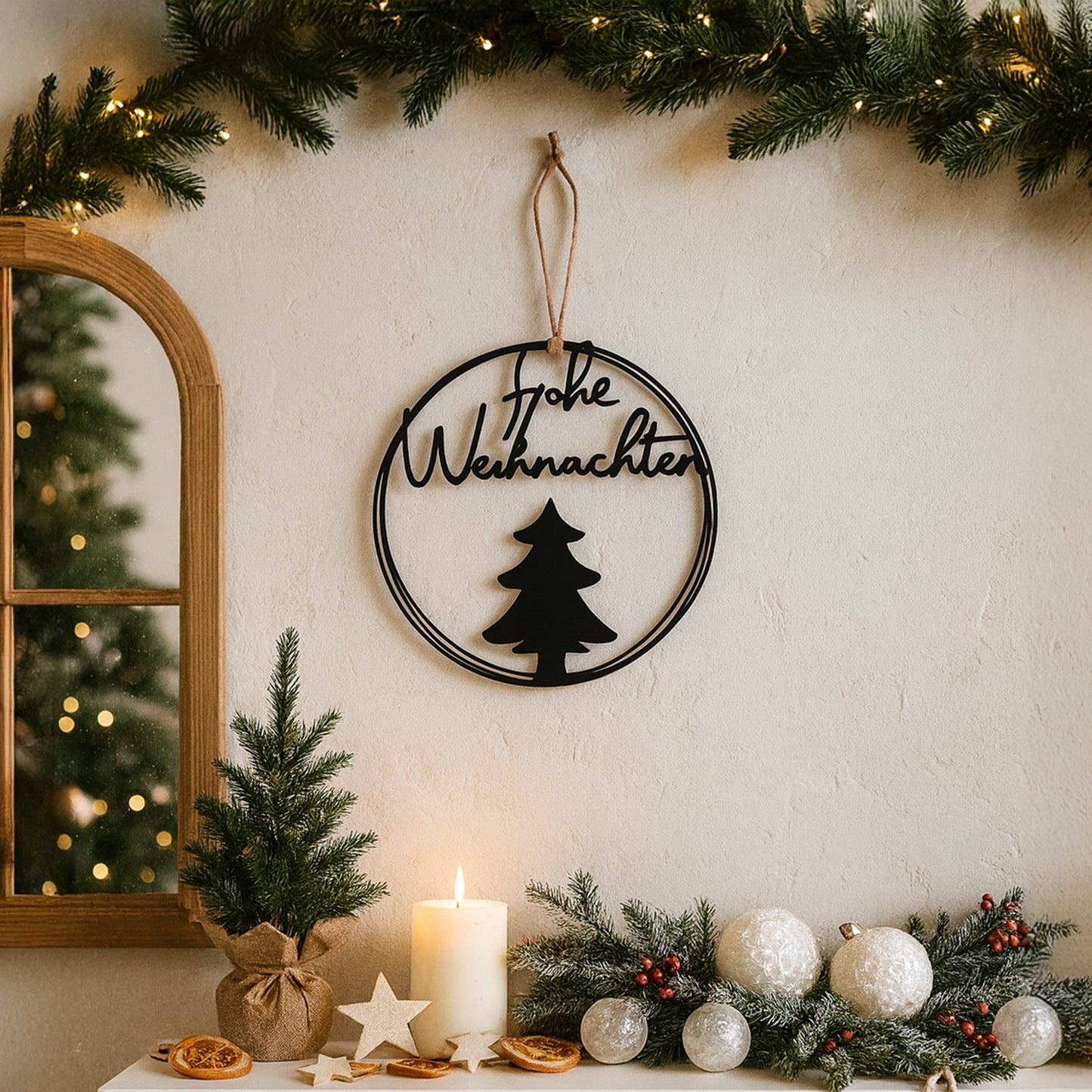 Aufhänger Metall rund frohe Weihnachten mit Tannenbaum schwarz