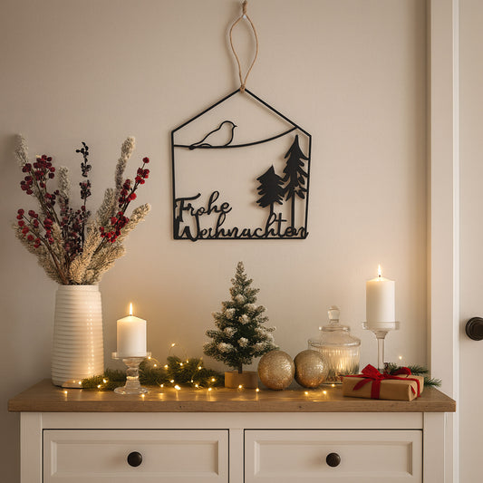 Aufhänger Metall Hausform Frohe Weihnachten und Landschaft schwarz