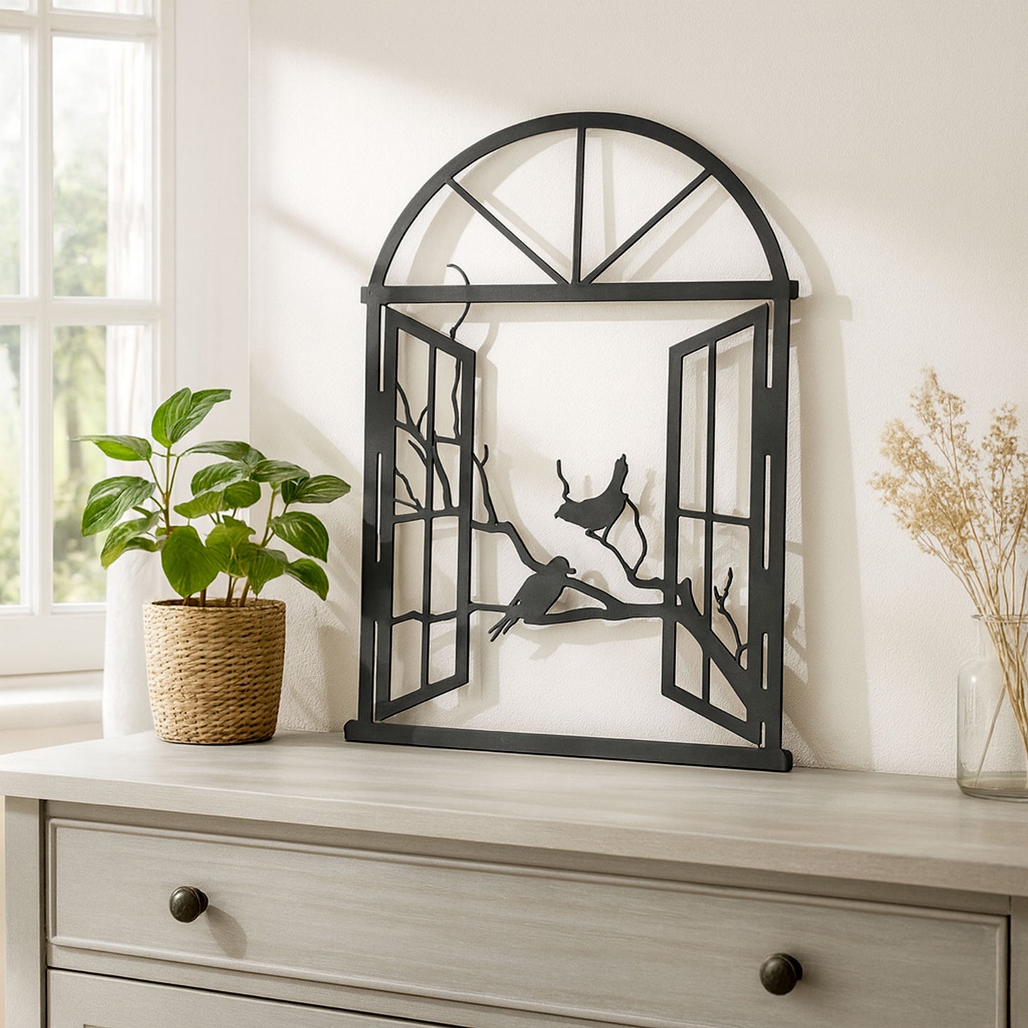 Wandbild Metall Fenster geöffnet mit Landschaft selbstklebend schwarz