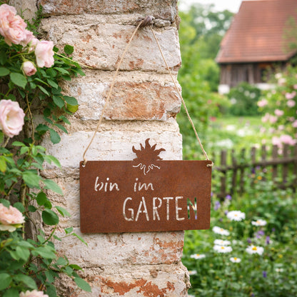 Aufhänger Gartenschild "bin im Garten" Rost