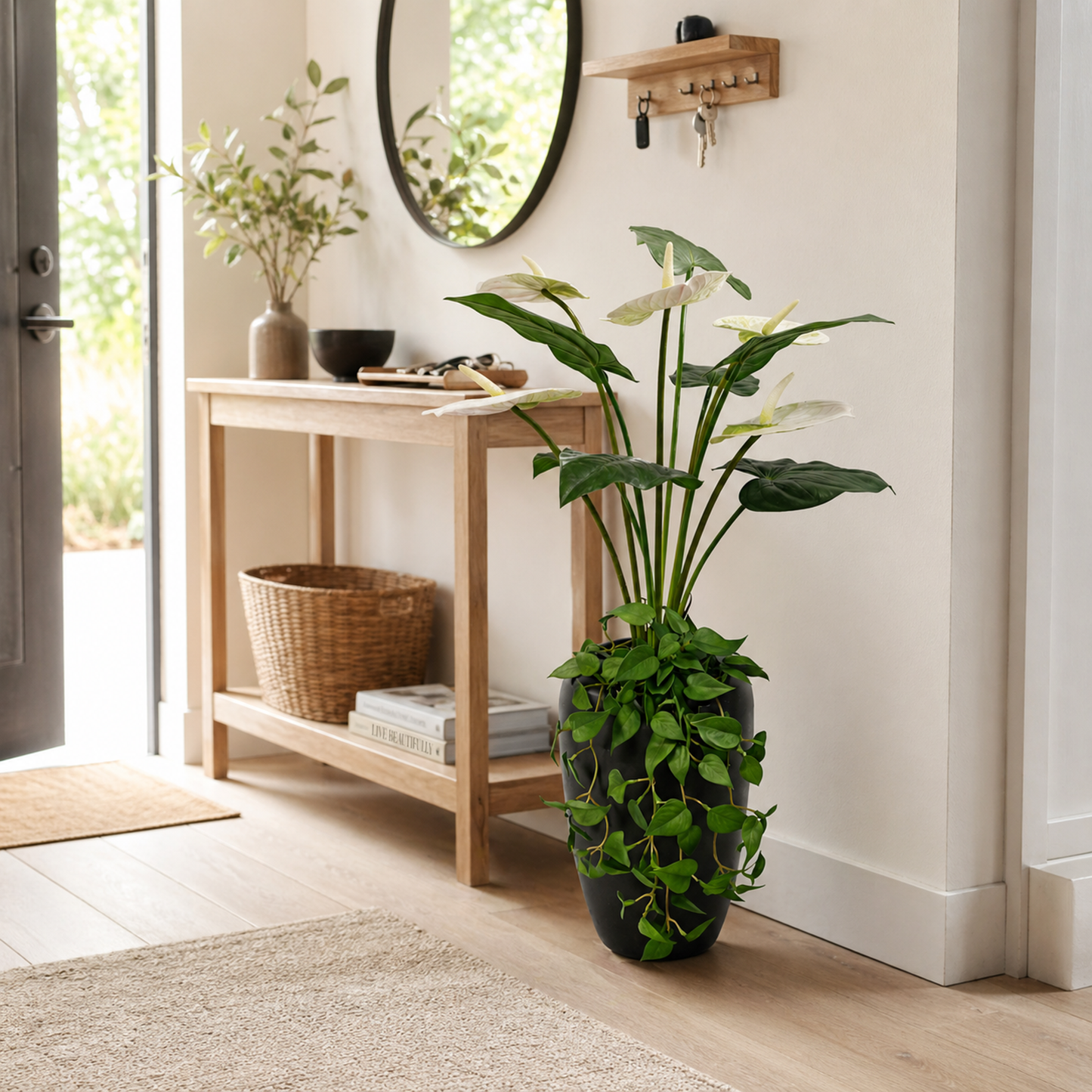 Kunstblume mit Vase Anthurium weiß mit Efeu hängend 77 cm