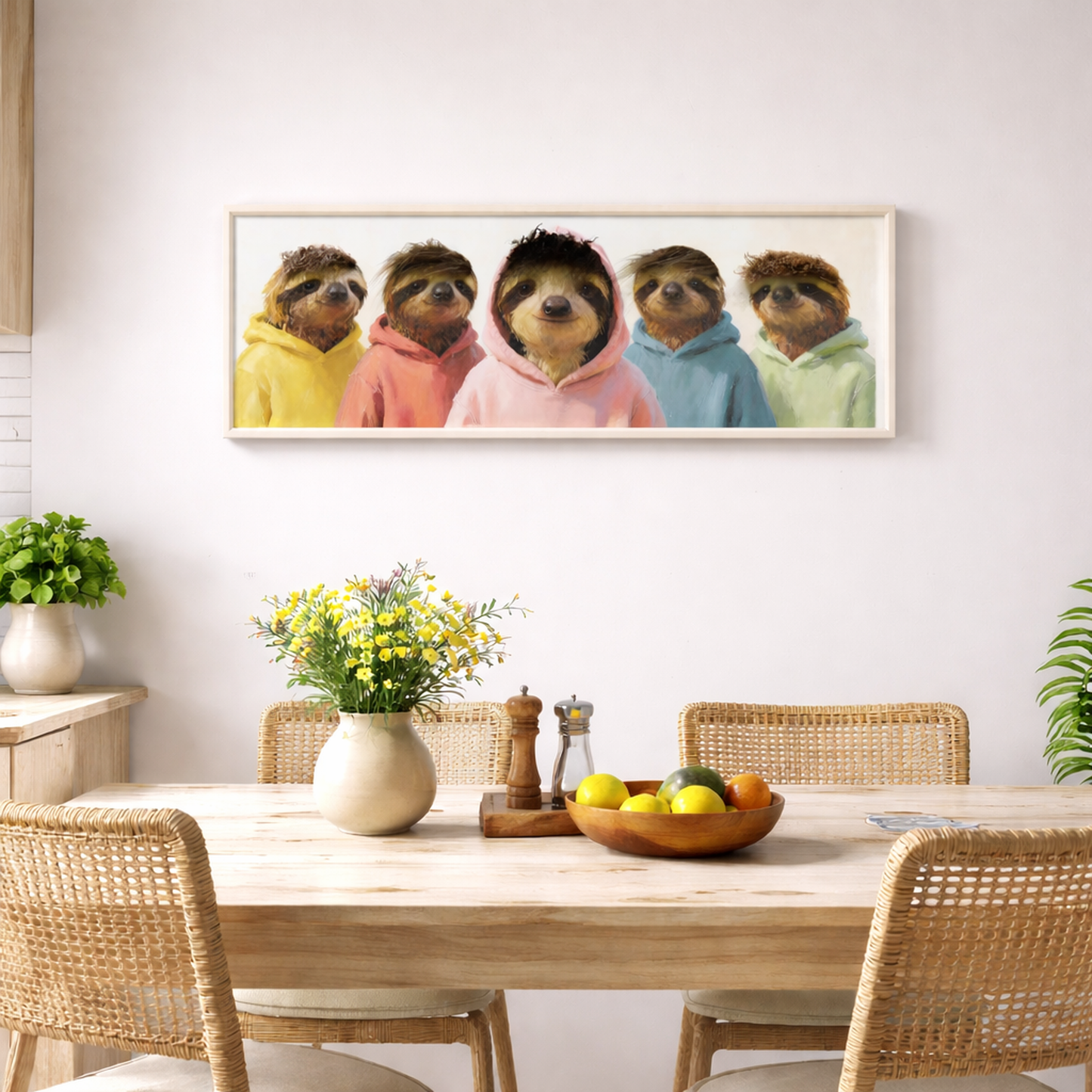 Wall Art 3D Hairfusion Faultiere mit bunten Hoodies 120x40