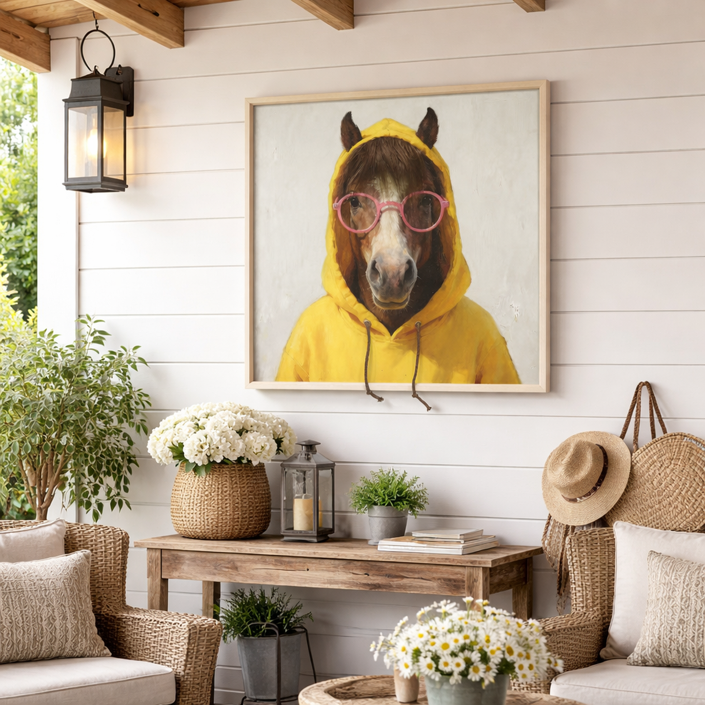 Wall Art 3D Hairfusion Pferd mit gelben Hoodie und Brille in pink 60x60