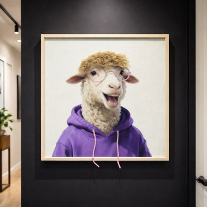 Wall Art 3D Hairfusion Schaf mit lila Hoodie und Brille in pink 60x60