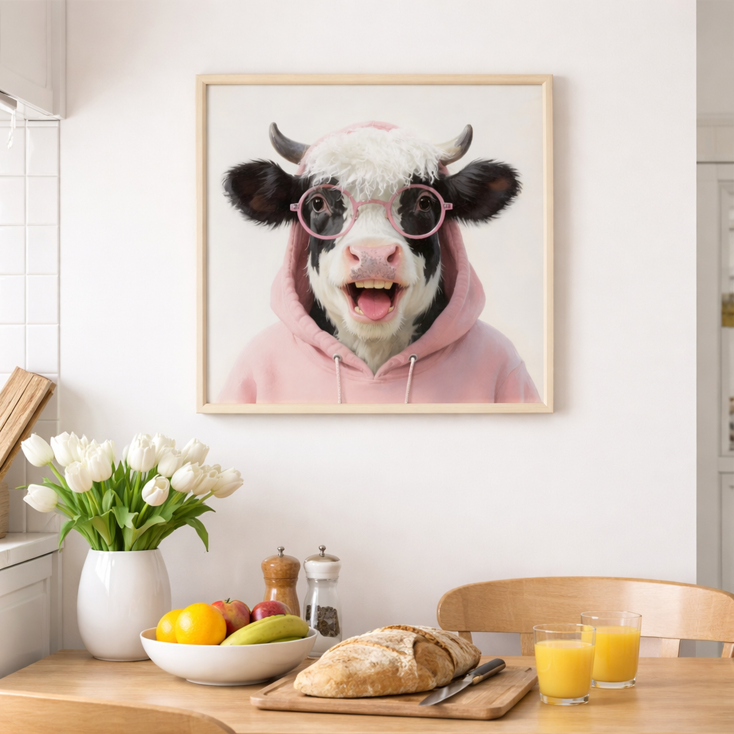 Wall Art 3D Hairfusion Kuh mit Hoodie und Brille in pink 60x60