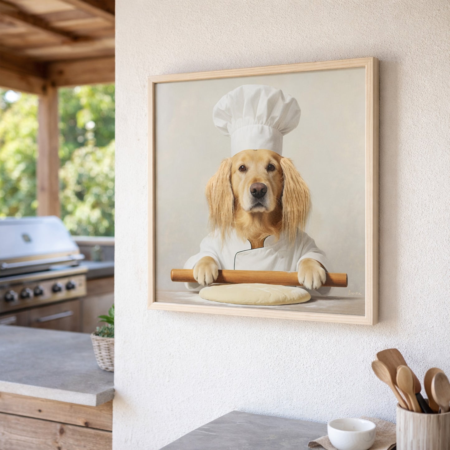 Wall Art 3D Hairfusion Golden Retriever mit Kochmütze 60x60