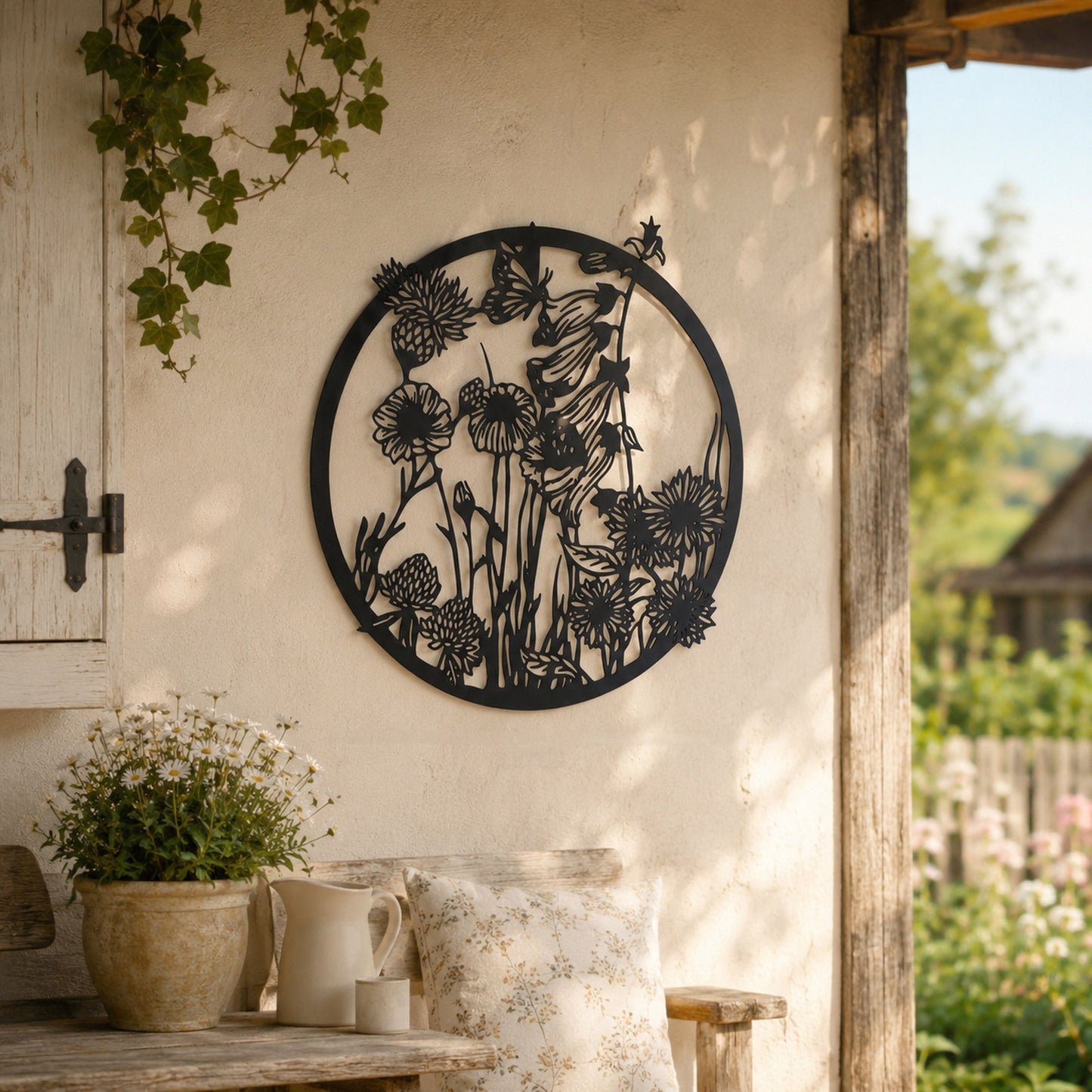 Aufhänger Blumen und Schmetterling aus Metall schwarz rund 48x46,5 cm