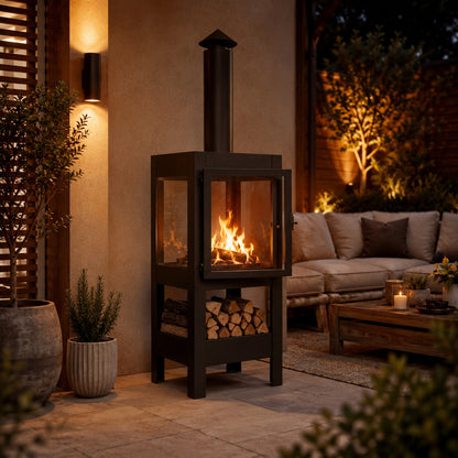 Gartenkamin Bronko aus Metall schwarz mit Glastür 139x40x42 cm