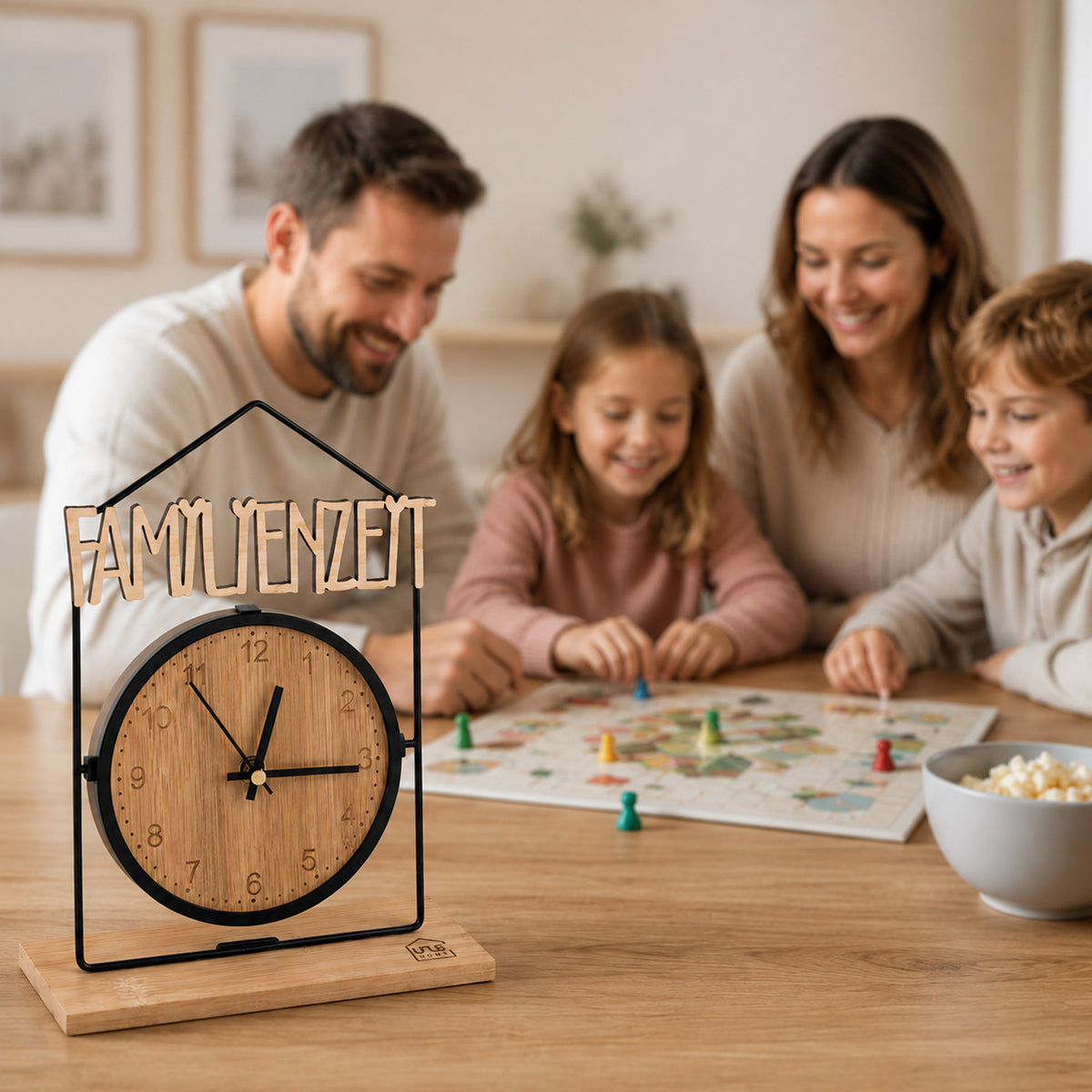 Tischuhr Titus aus Bambus geflämmt "Familien Zeit"