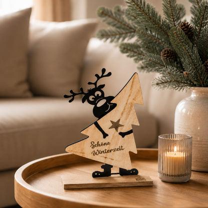 Aufsteller Rudi aus Holz Rentier mit Weihnachtsbaum