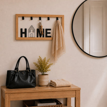 Schlüsselbrett Kira aus Bambus mit Text "Home" 5 Haken
